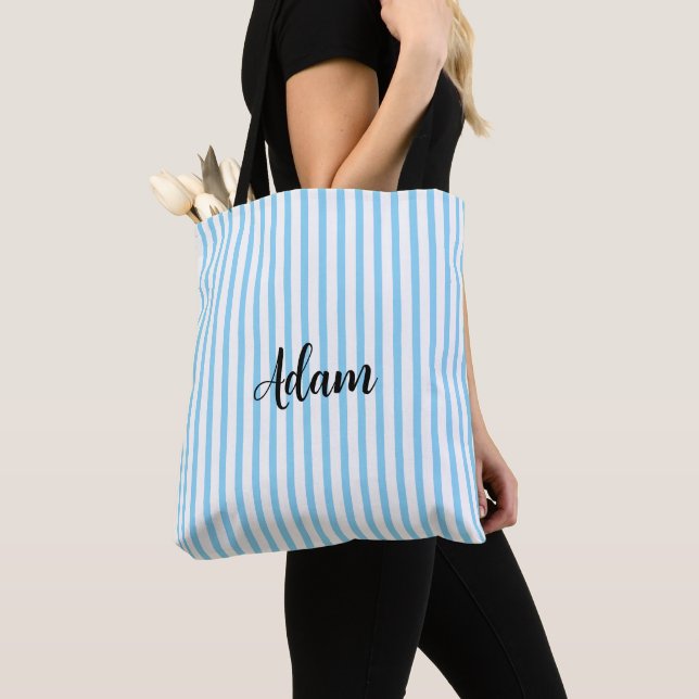 Bolsa Tote Nome Personalizado com Faixa Azul Branco e Letra M (Close Up)
