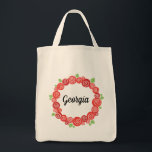 Bolsa Tote Nome personalizado coroa rosa vermelha romântica f<br><div class="desc">Rosa vermelha,  design floral romântico,  nome personalizável. Presente personalizado perfeito para dama de honra ou madrinha de casamento.</div>