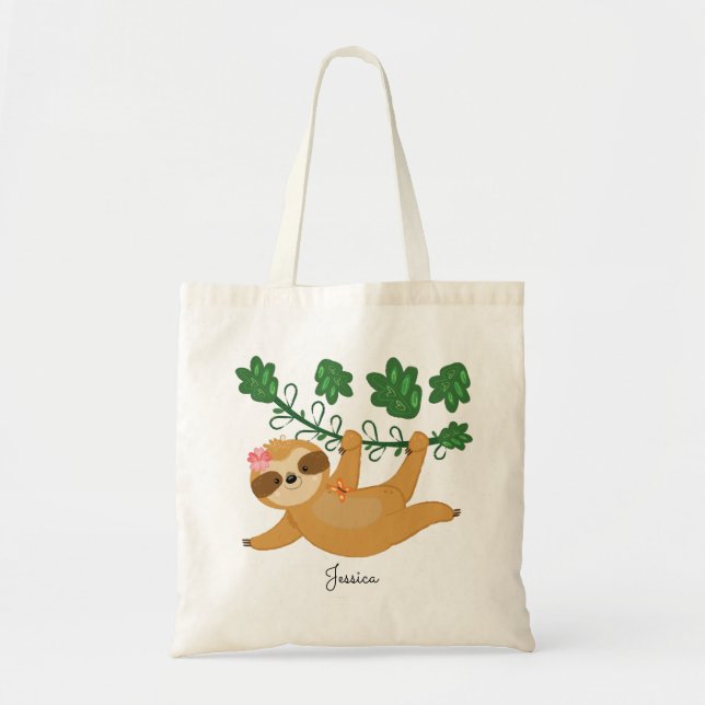 Bolsa Tote Nome Personalizado da Pequena Rapariga Doce Sloth (Frente)