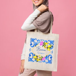 Bolsa Tote Nome personalizado de azulejos Azuis Lemon