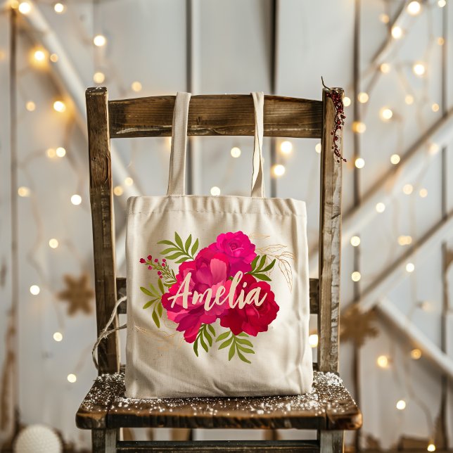Bolsa Tote Nome Personalizado de Bridesmaid Floral Vermelho e (Criador carregado)