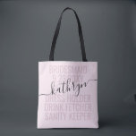 Bolsa Tote Nome Personalizado de Bridesmaid Rosa Personalizad<br><div class="desc">Saco de Tote Personalizado,  Cor-de-Rosa e Negra,  com texto e texto editáveis para a sua data,  destino ou localização,  nome e citação divertida,  como "vestimenta,  bebe fetcher,  sanity keeper",  faz uma manutenção divertida e útil para todas as suas damas de honra.</div>