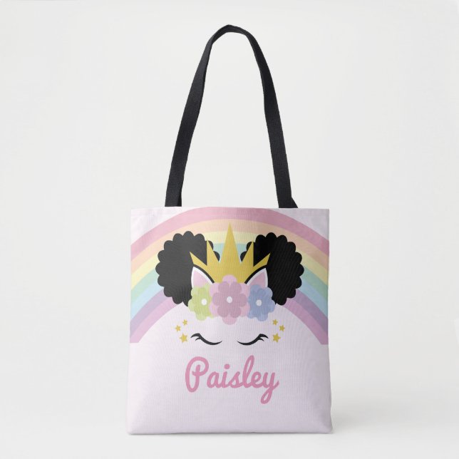 Bolsa Tote Nome Personalizado de Cabelo Curvo do Unicorn Afro (Frente)