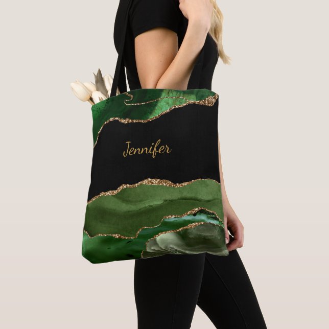 Bolsa Tote Nome Personalizado de Cristal de Agato Negro Verde (Close Up)