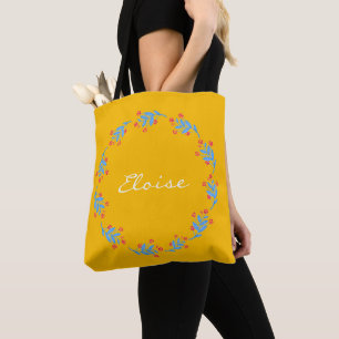 Bolsa Tote Nome Personalizado de Curva Floral Amarela escandi
