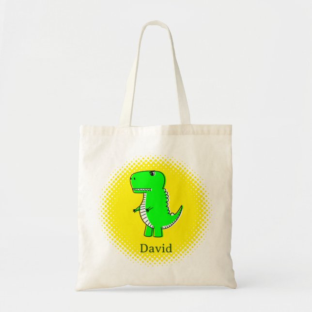 Bolsa Tote Nome Personalizado de Desenho do Dinossauro Verde (Frente)