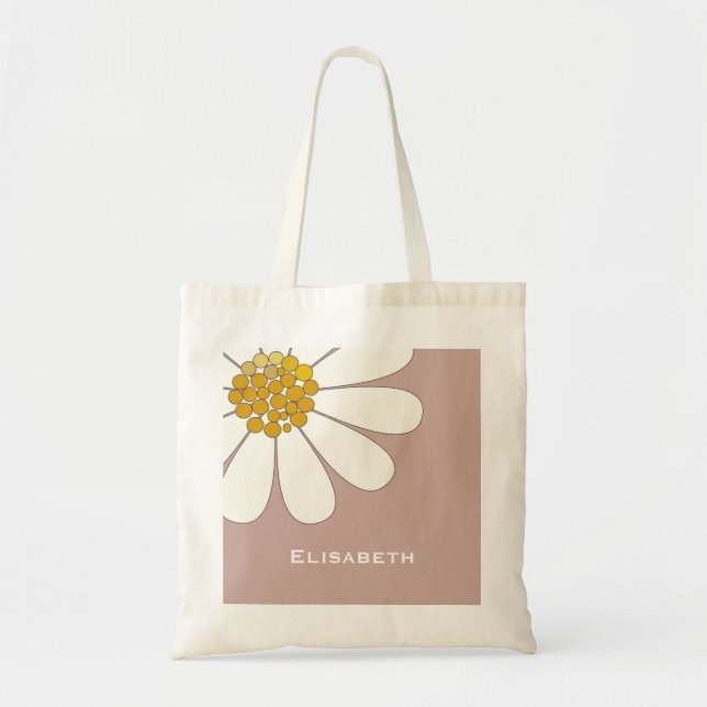 Bolsa Tote Nome personalizado de design floral branco-margari (Frente)