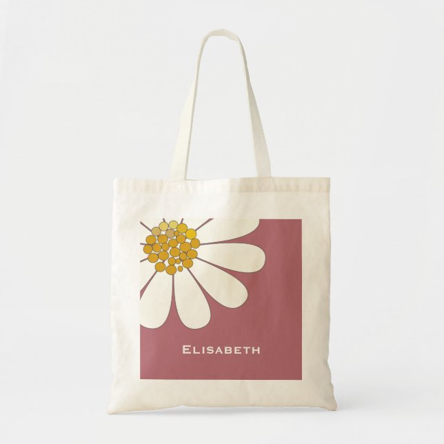 Bolsa Tote Nome personalizado de design floral branco-margari (Frente)