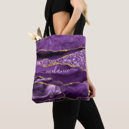 Bolsa Tote Nome Personalizado de Geodo Glitter Dourado Violet