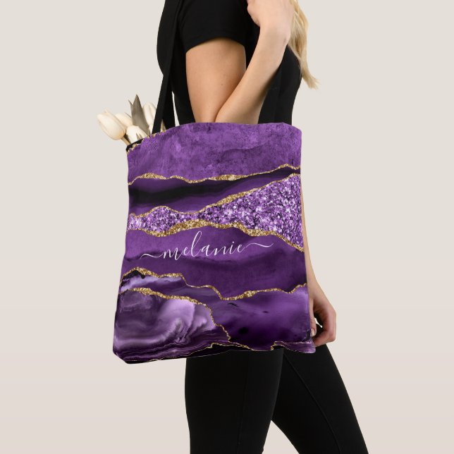 Bolsa Tote Nome Personalizado de Geodo Glitter Dourado Violet (Close Up)