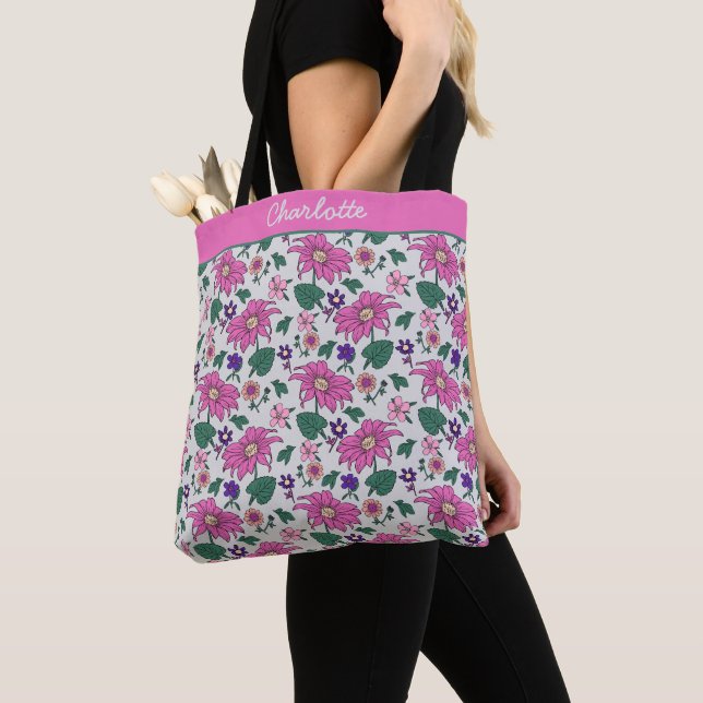 Bolsa Tote Nome personalizado de padrão uniforme floral rosa (Close Up)