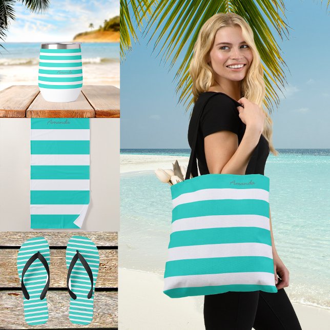 Bolsa Tote Nome Personalizado de Strips Negros de Aqua de Ver (Criador carregado)