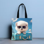 Bolsa Tote Nome Personalizado de Viagem de Suitcase de Cachor<br><div class="desc">Tote Bag (Tote Bag) de Viagem de Cachorro Branco-Cachorro Branco-Cachorro-Cachorro Personalizado apresenta um cachorro-cãozinho branco-giro vestindo óculos de sol em uma mala retrô pronta para viagem com seu nome personalizado em tipografia moderna de roteiro de caligrafia branca. Presente perfeito para as meninas para o aniversário, Natal e feriados ou para...</div>