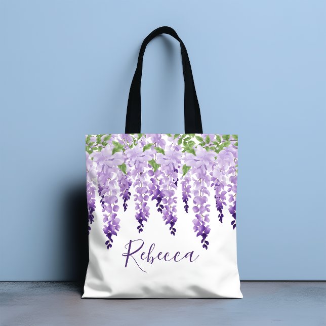 Bolsa Tote Nome Personalizado de Wisteria de Aquarela (Criador carregado)
