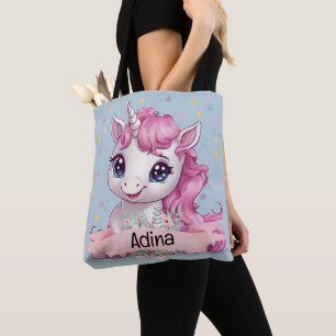 Bolsa Tote Nome Personalizado do Baby Unicorn Stars Rosa Mági