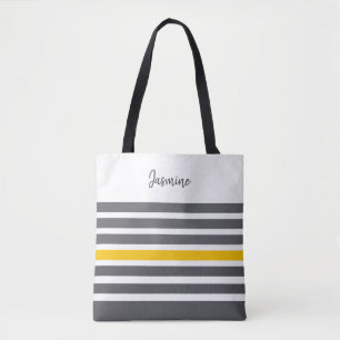 Bolsa Tote Nome personalizado do carvão e listras modernas a