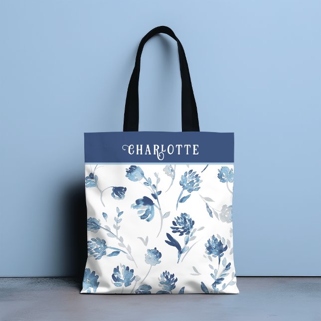 Bolsa Tote Nome Personalizado do Floral Botânico Azul Elegant (Criador carregado)
