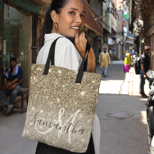 Bolsa Tote Nome Personalizado do Glitter Glitter Dourado Mode