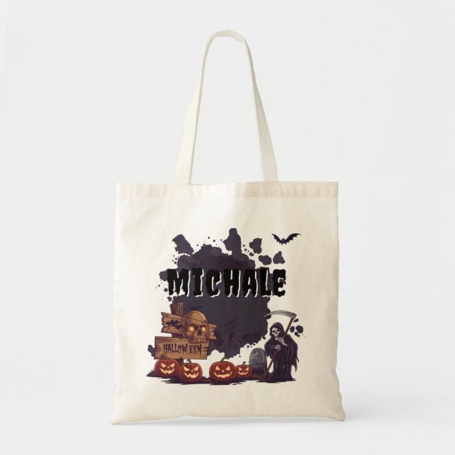 Bolsa Tote Nome Personalizado do Halloween Grim Reaper & Spoo (Frente)