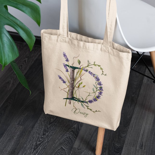 Bolsa Tote Nome Personalizado do Monograma da Lavanda Botânic (Criador carregado)