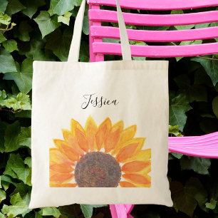 Bolsa Tote Nome Personalizado do Monograma de Girassol Amarel