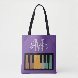 Bolsa Tote Nome Personalizado do Monograma de Piano Roxo