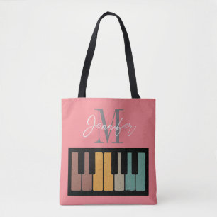 Bolsa Tote Nome Personalizado do Monograma do Piano Rosa Retr