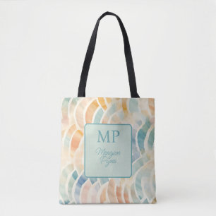 Bolsa Tote Nome personalizado do monograma Ondas de aquarela