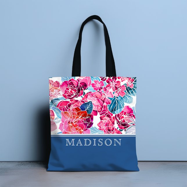 Bolsa Tote Nome Personalizado do Padrão Floral Rosa na moda (Criador carregado)