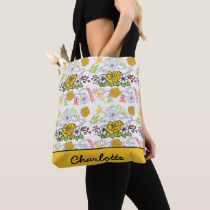 Bolsa Tote Nome personalizado do padrão floral verde floral