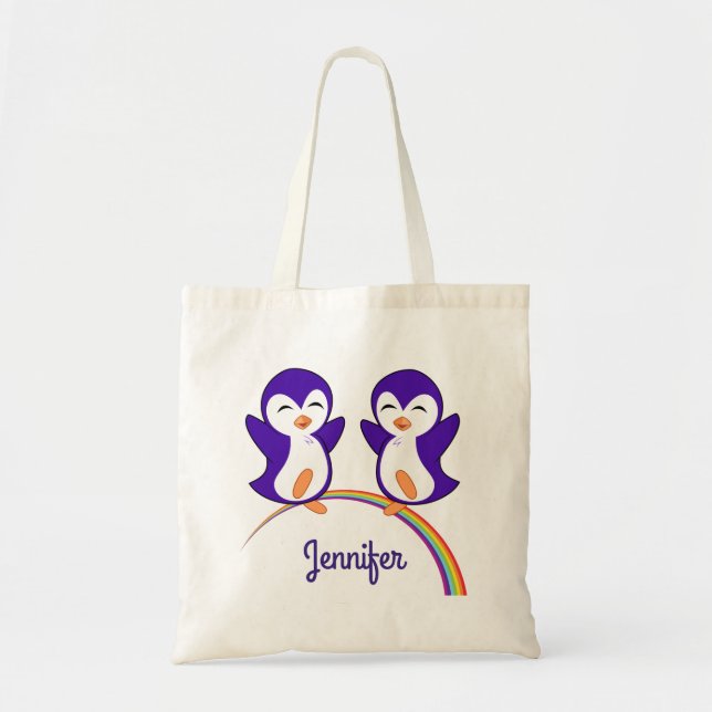 Bolsa Tote Nome Personalizado do Pinguim Púrpura Cugado (Frente)