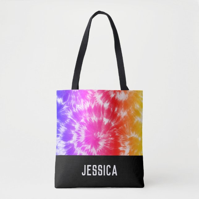 Bolsa Tote Nome Personalizado do Rainbow Tie Dye Psychedelic (Frente)