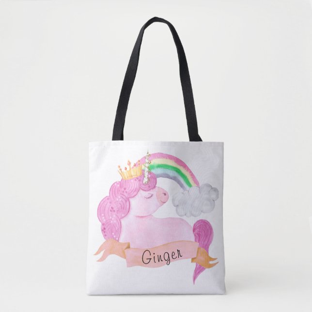 Bolsa Tote Nome Personalizado do 🌈 Rainbow Unicorn    (Frente)