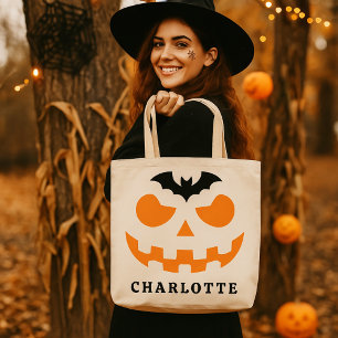 Bolsa Tote Nome Personalizado do Rosto de Abóbora do Hallowee