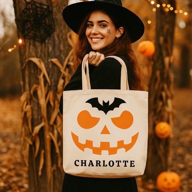 Bolsa Tote Nome Personalizado do Rosto de Abóbora do Hallowee (Criador carregado)