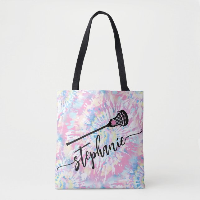 Bolsa Tote Nome Personalizado do Script Tie Dye LAX Lacrosse  (Frente)