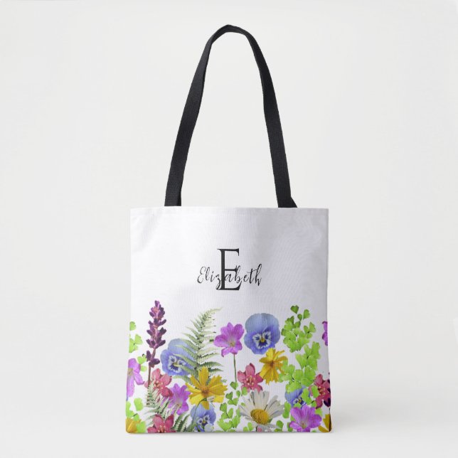 Bolsa Tote Nome Personalizado e Monograma de Flores Selvagens (Frente)
