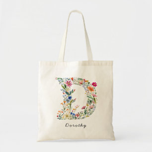 Bolsa Tote Nome Personalizado e Monograma Floral 'D'
