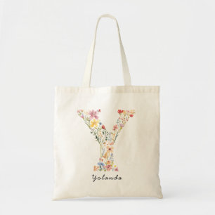 Bolsa Tote Nome Personalizado e Monograma Floral 'Y'