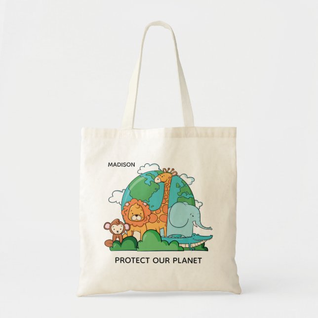 Bolsa Tote Nome Personalizado e Texto Terra com Animais (Frente)