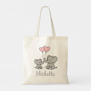 Bolsa Tote Nome personalizado Elefante Fofo e Rosa