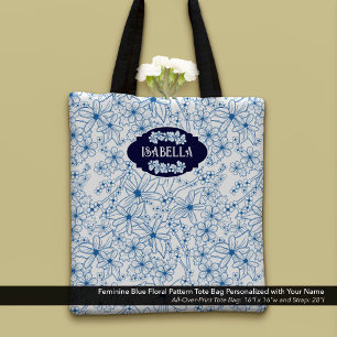 Bolsa Tote Nome Personalizado Feminino Padrão Floral Azul
