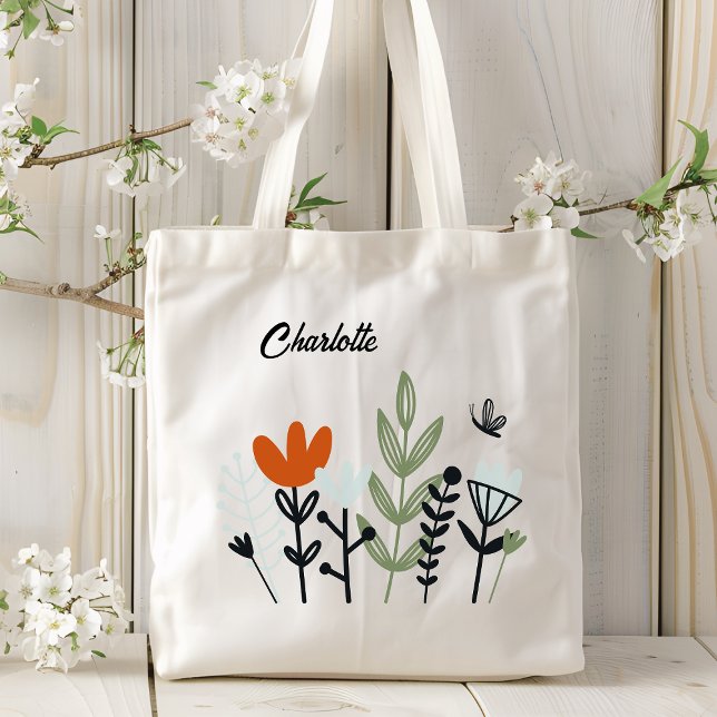 Bolsa Tote Nome Personalizado Floral Moderno (Criador carregado)