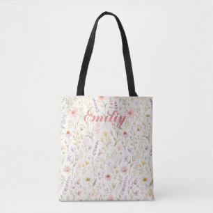 Bolsa Tote Nome Personalizado Floral Pastel Colorido Fofo em
