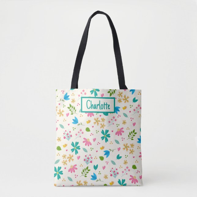 Bolsa Tote Nome Personalizado Floral Personalizado (Frente)