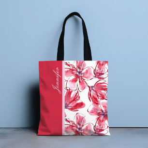 Bolsa Tote Nome Personalizado Floral Tropical Vermelho Modern