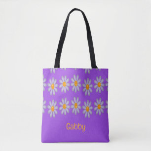 Bolsa Tote Nome personalizado flores azuis em roxo