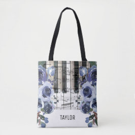 Bolsa Tote nome personalizado flores azul empoeirado música