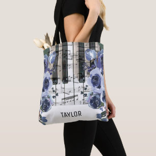 Bolsa Tote nome personalizado flores azul empoeirado música