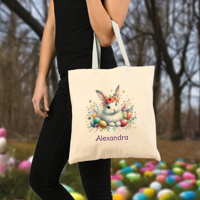 Bolsa Tote Nome Personalizado Flowers de Coelho Caça de Ovos  (Criador carregado)